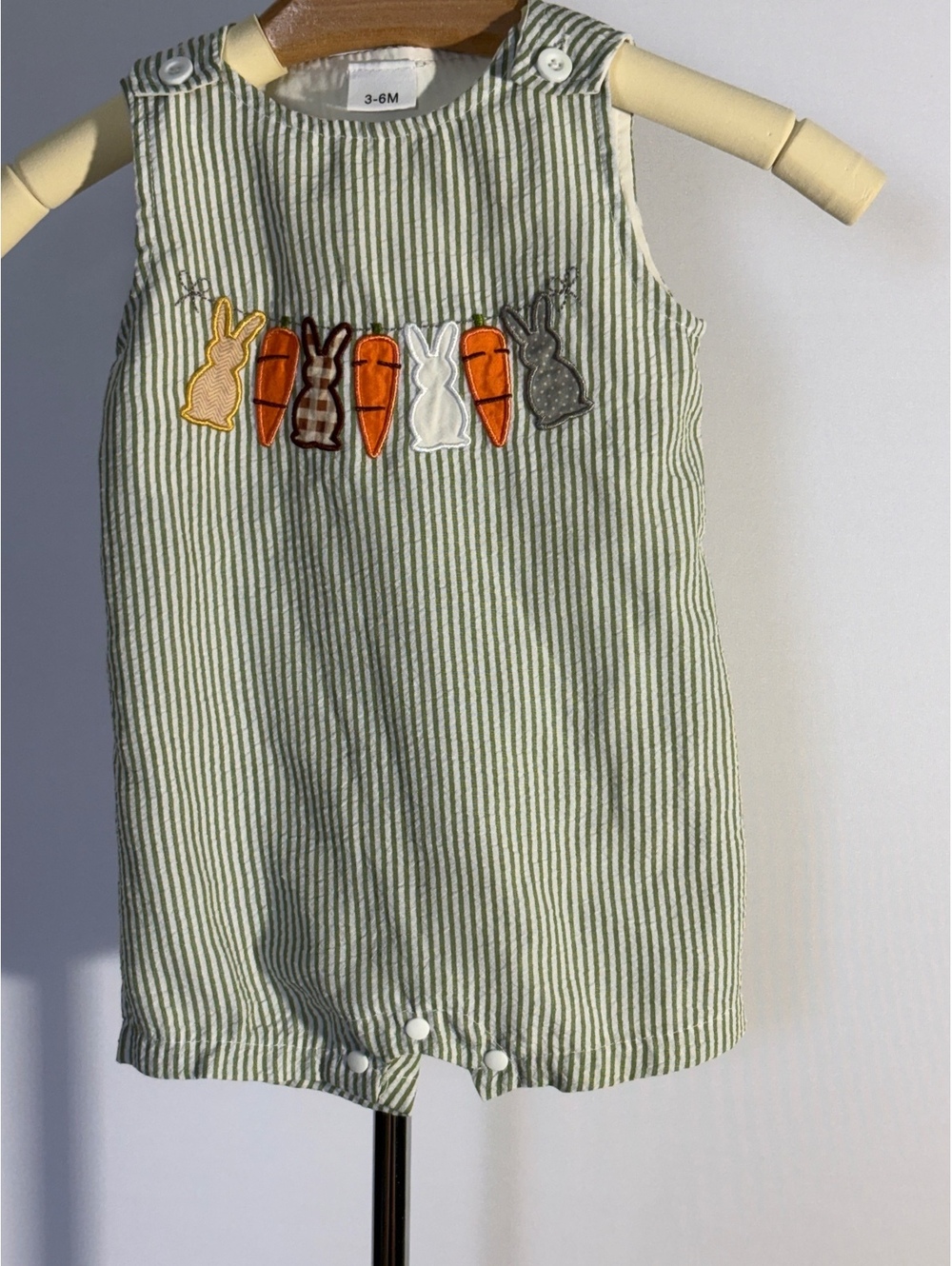 Baby Easter Bunny Carrot Appliqué Green Striped Shortall Romper 3–6 Months